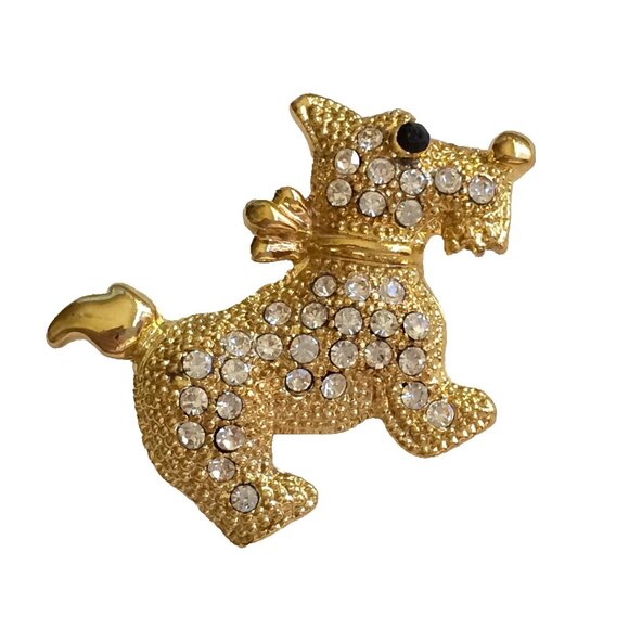 Gold Crystal Scottish Terrier Dog Pin Brooch Scottie Puppy Plated Scotty - Picture 4 of 7